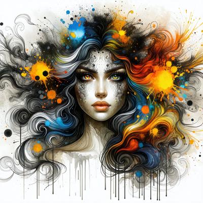The primary subject of the image is a woman with blue hair, who is the main focus of the scene. She is surrounded by a colorful and artistic background, which includes a mix of blue, orange, and yellow colors. The visual style of the image is a combination of digital art and illustration, creating a vibrant and dynamic scene. The woman's blue hair and the colorful background contribute to a unique and eye-catching mood.
